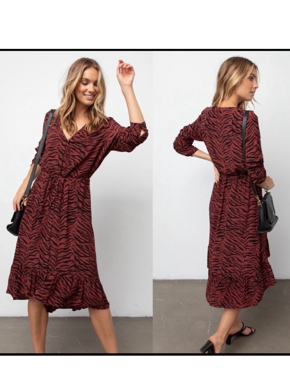 Rails Rust Black Tiger Stripe High Low Ruffle Hem Midi Dress Size Medium
